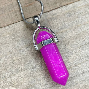 Bright Fuchsia Magenta Crystal Pendant Necklace on 18" Silver Snake Chain #035